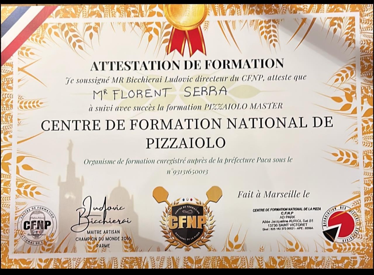 Attestation de formation Pizzaiolo Master